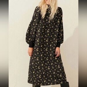 H&M Black Floral Back Slit Balloon Sleeve Midi Dress Women’s Size Medium